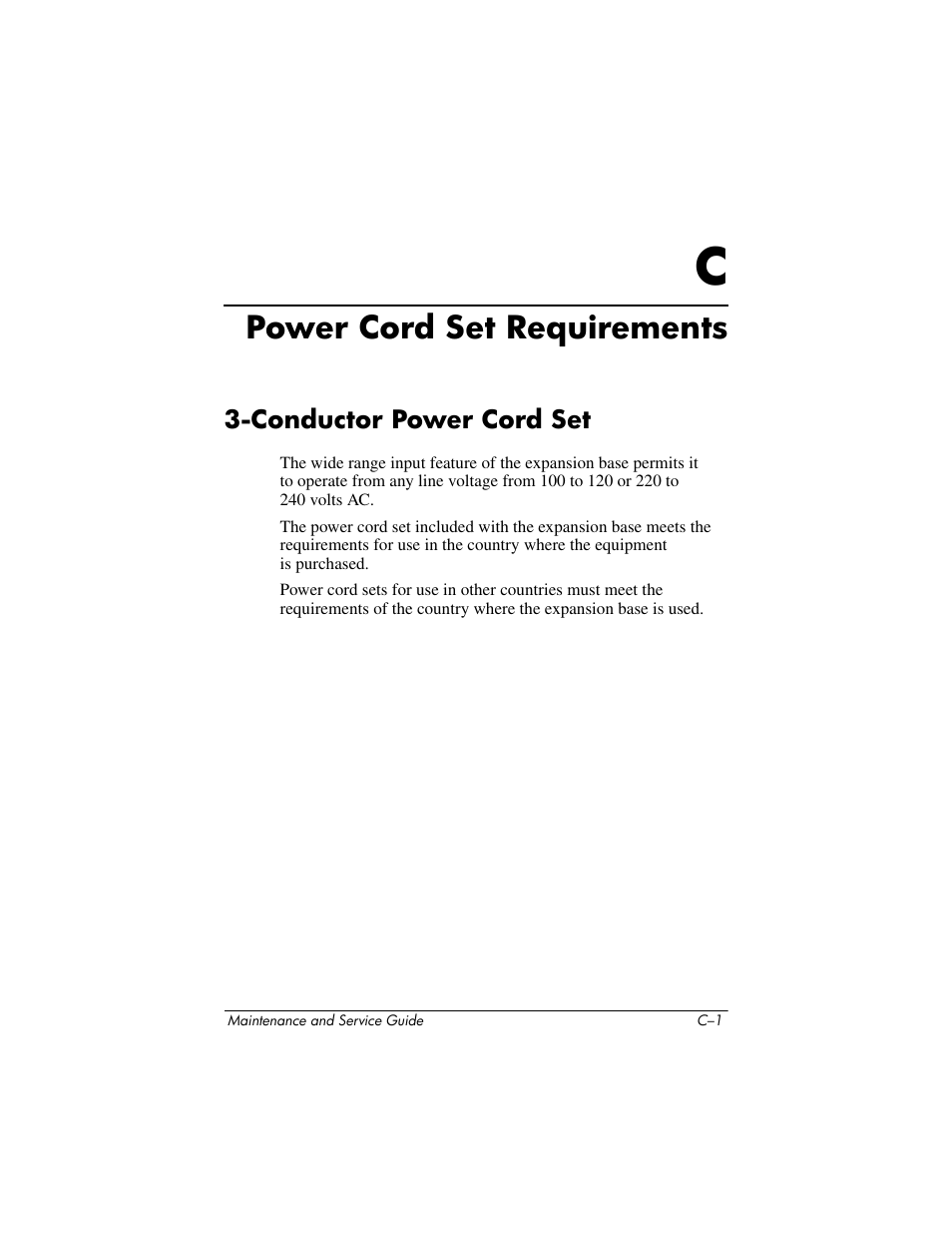 Power cord set requirements, Conductor power cord set, C power cord set requirements | HP XB3000 User Manual | Page 73 / 79