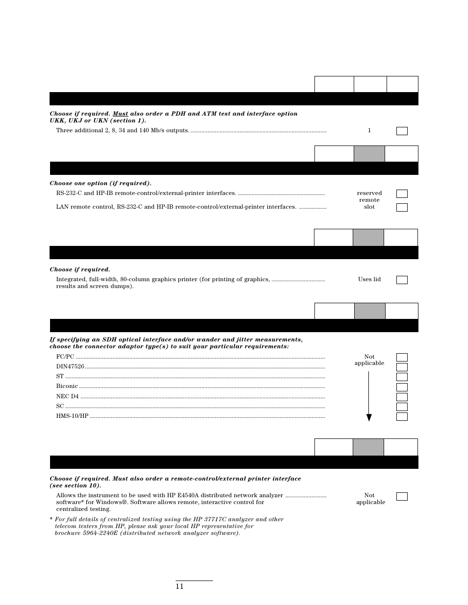 Multiple pdh interfaces option, Remote-control/external-printer interfaces options, Printer option | Optical adaptor options | HP 37717C User Manual | Page 11 / 12