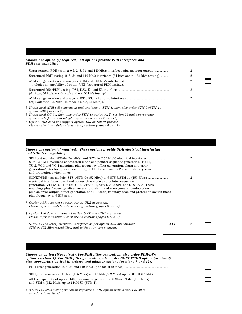 Pdh/dsn and atm test and interfaces options, Sonet/sdh test and interfaces options, Wander and jitter generation options | HP 37717C User Manual | Page 8 / 12