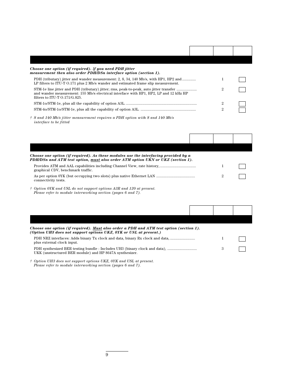 Wander and jitter measurement options, Atm services layer test options, Pdh binary interfaces options | HP 37717C User Manual | Page 9 / 12