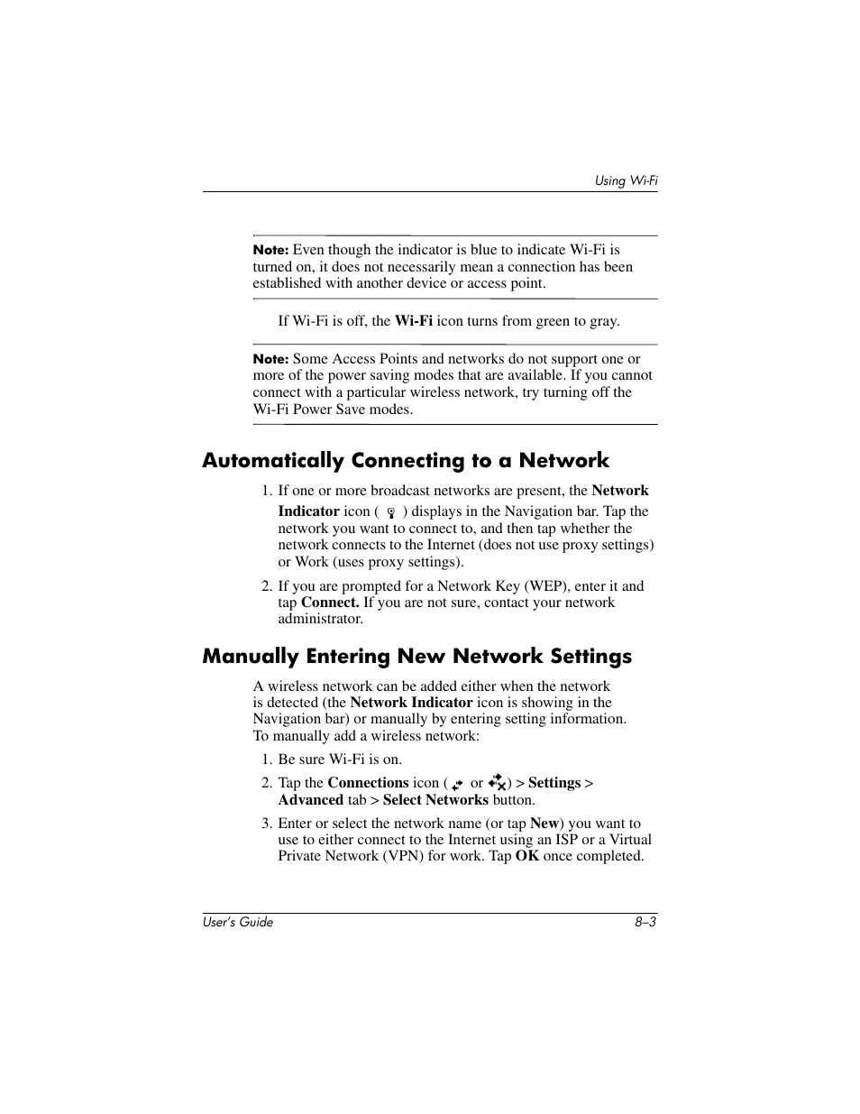 Automatically connecting to a network, Manually entering new network settings | HP iPAQ hx4700 User Manual | Page 101 / 169