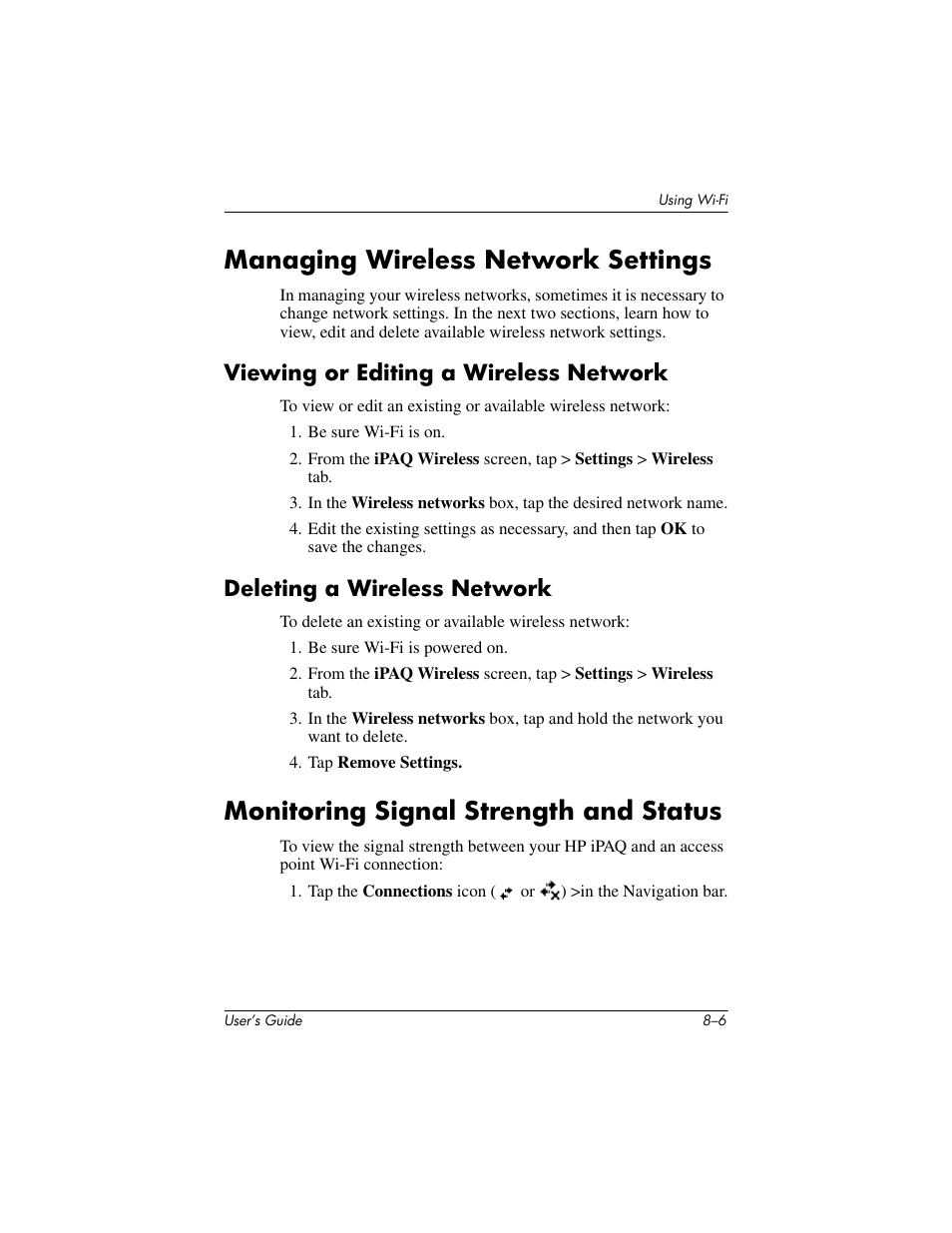 Managing wireless network settings, Viewing or editing a wireless network, Deleting a wireless network | Monitoring signal strength and status, Managing wireless network settings –6, Monitoring signal strength and status –6 | HP iPAQ hx4700 User Manual | Page 104 / 169