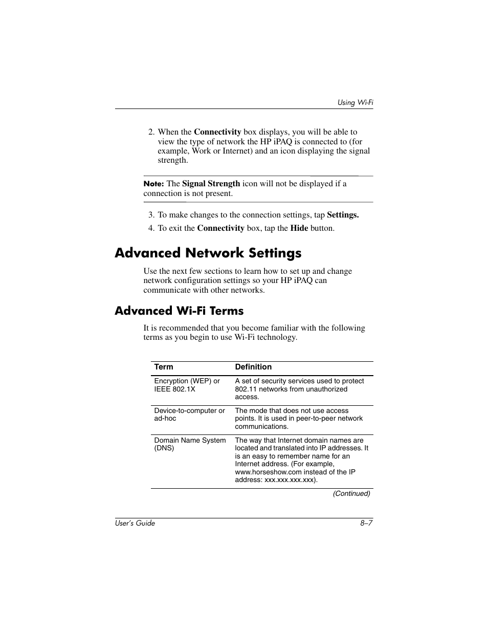 Advanced network settings, Advanced wi-fi terms, Advanced network settings –7 | Advanced wi-fi terms –7 | HP iPAQ hx4700 User Manual | Page 105 / 169