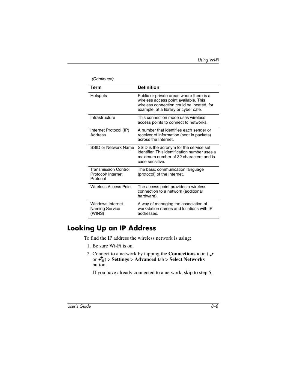 Looking up an ip address, Looking up an ip address –8 | HP iPAQ hx4700 User Manual | Page 106 / 169