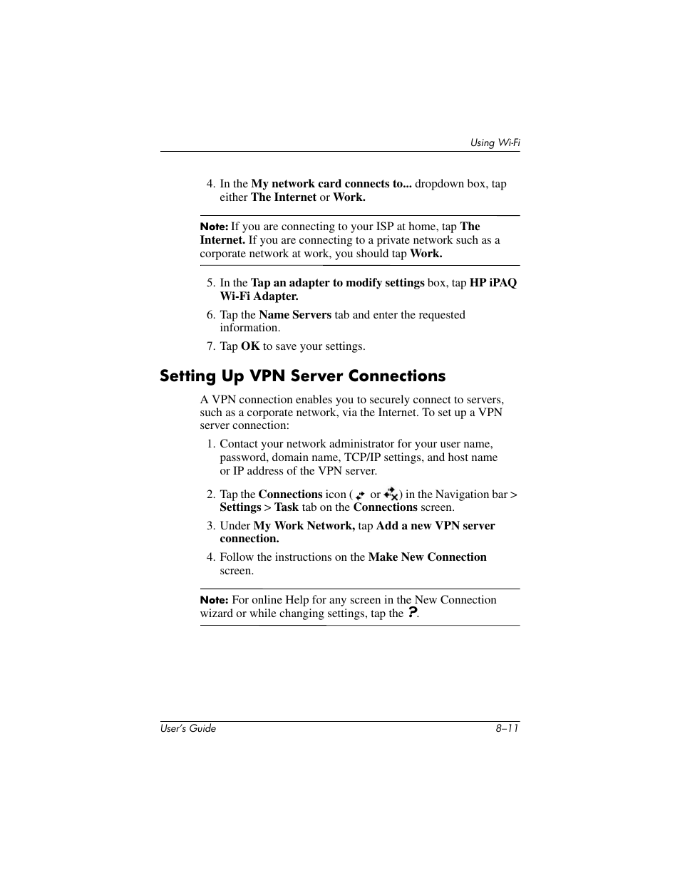 Setting up vpn server connections, Setting up vpn server connections –11 | HP iPAQ hx4700 User Manual | Page 109 / 169