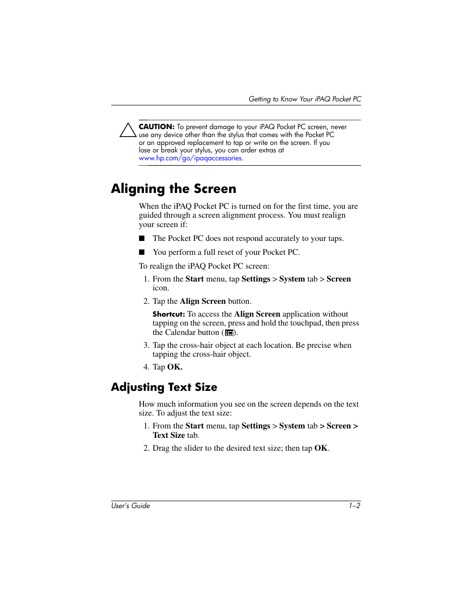 Aligning the screen, Adjusting text size, Aligning the screen –2 | Adjusting text size –2 | HP iPAQ hx4700 User Manual | Page 11 / 169