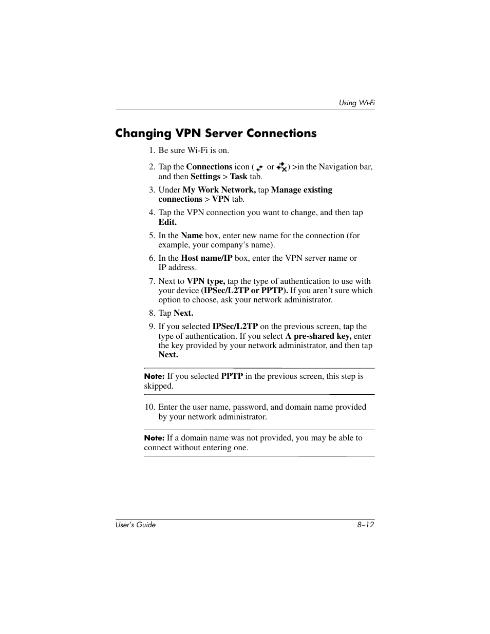 Changing vpn server connections, Changing vpn server connections –12 | HP iPAQ hx4700 User Manual | Page 110 / 169