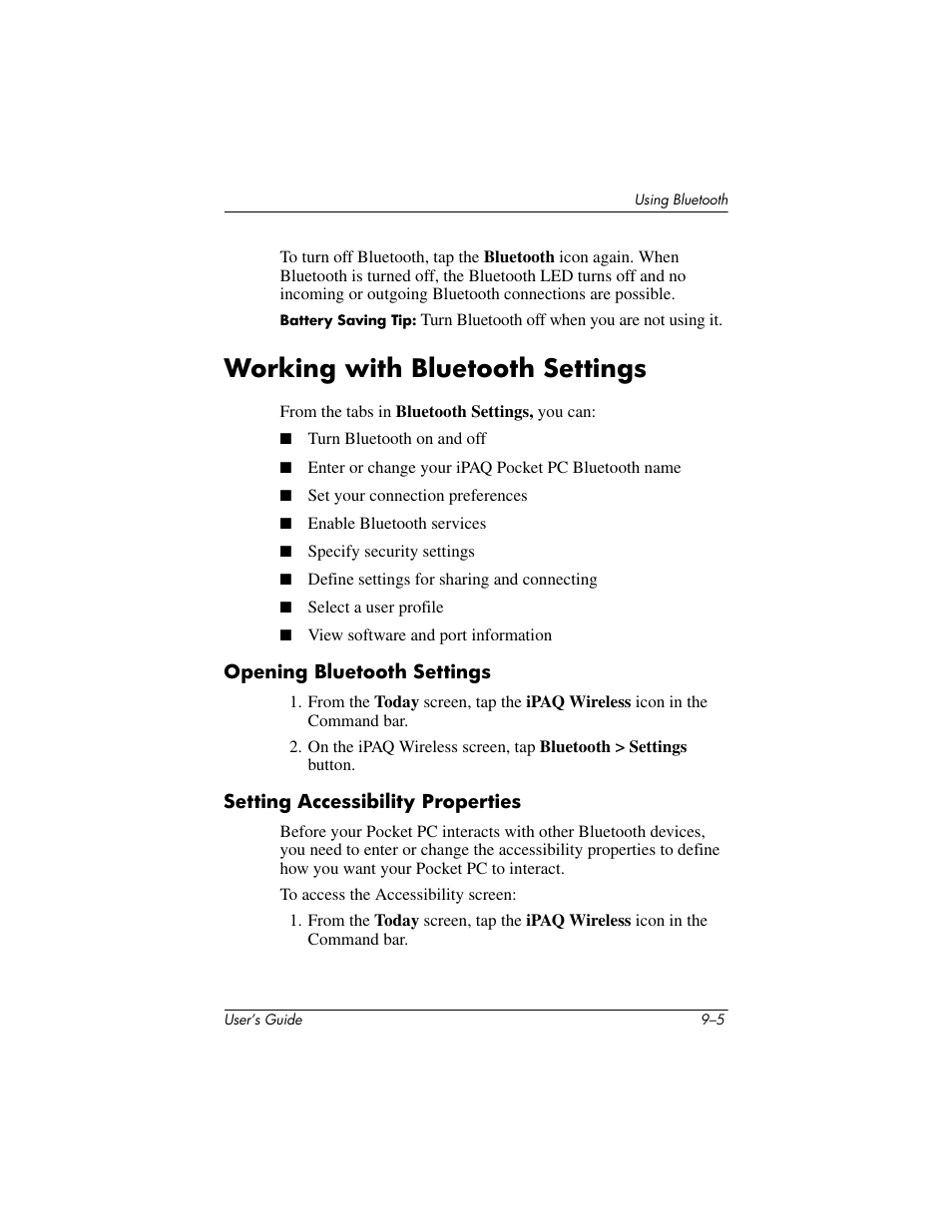Working with bluetooth settings, Opening bluetooth settings, Setting accessibility properties | Working with bluetooth settings –5 | HP iPAQ hx4700 User Manual | Page 119 / 169