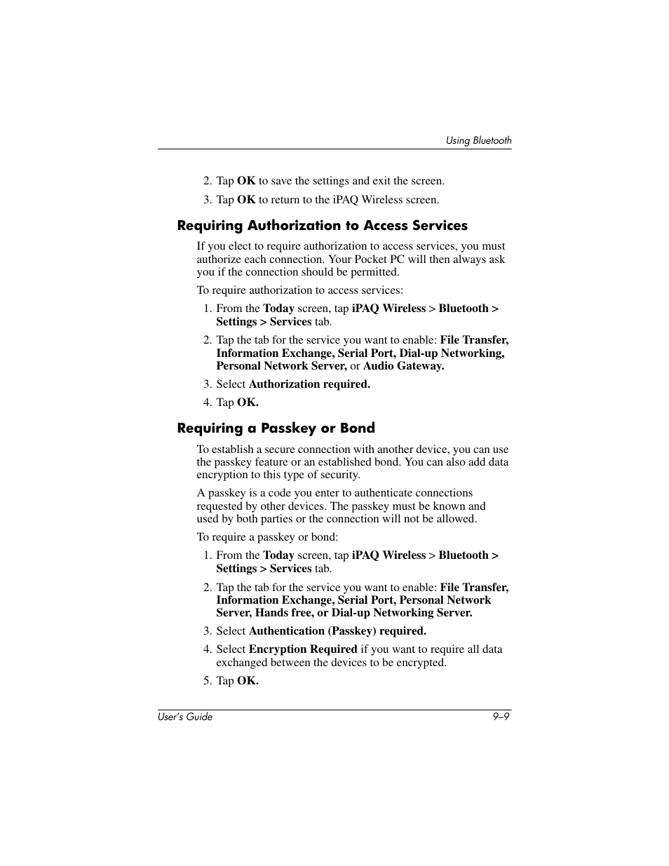 Requiring authorization to access services, Requiring a passkey or bond | HP iPAQ hx4700 User Manual | Page 123 / 169