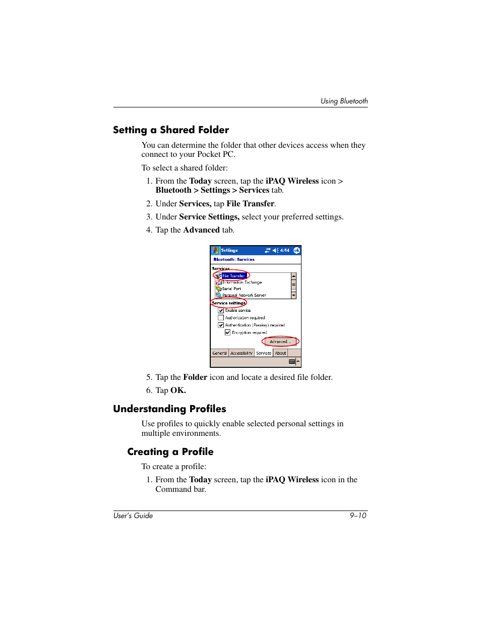 Setting a shared folder, Understanding profiles, Creating a profile | HP iPAQ hx4700 User Manual | Page 124 / 169