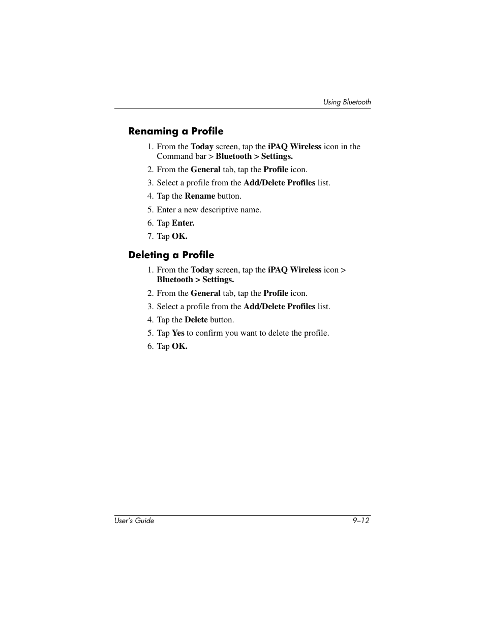 Renaming a profile, Deleting a profile | HP iPAQ hx4700 User Manual | Page 126 / 169