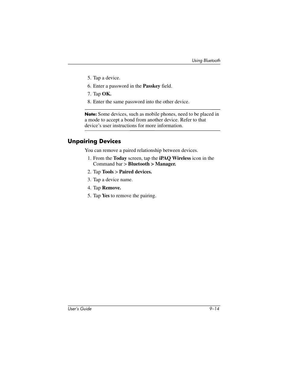 Unpairing devices | HP iPAQ hx4700 User Manual | Page 128 / 169