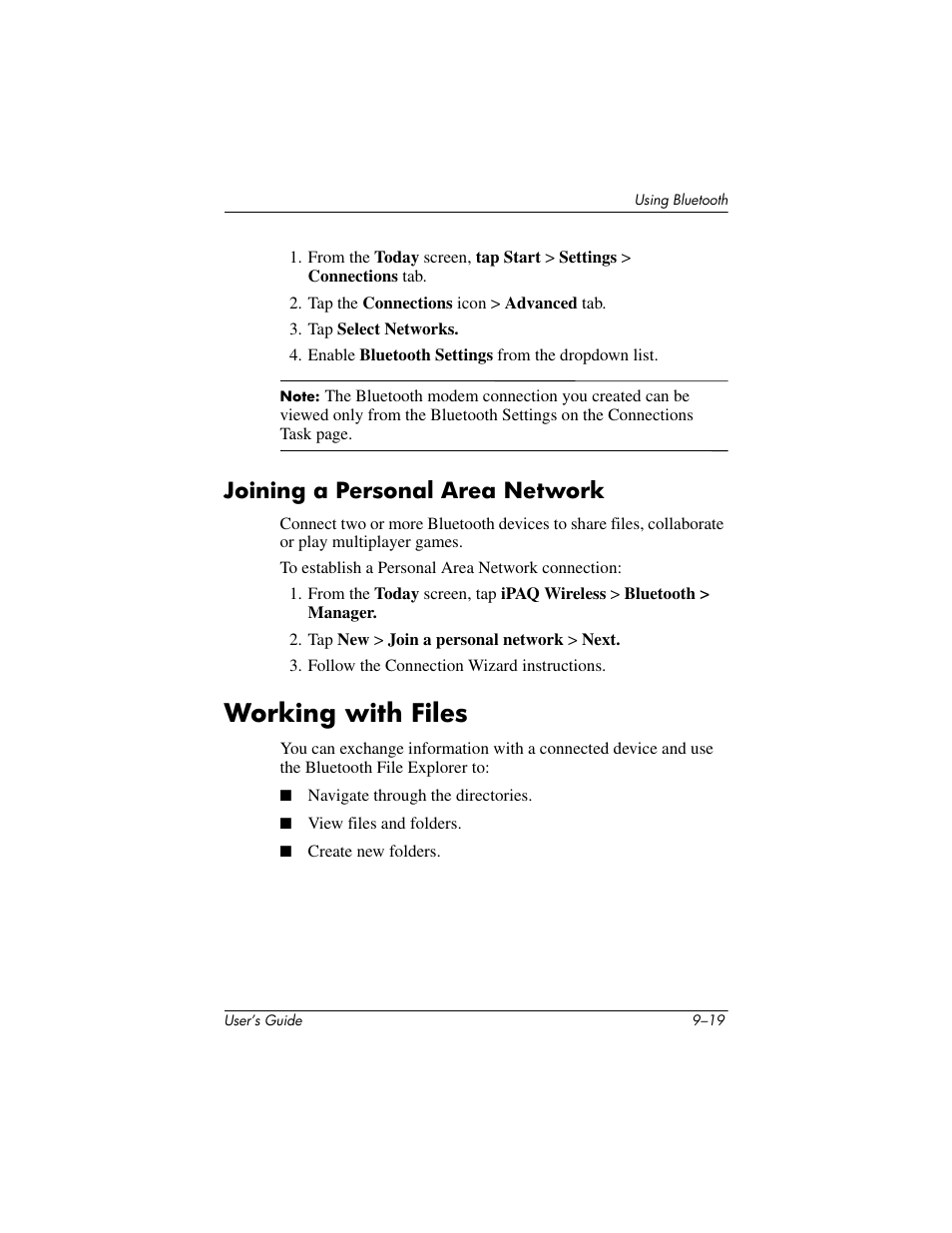 Joining a personal area network, Working with files, Joining a personal area network –19 | Working with files –19 | HP iPAQ hx4700 User Manual | Page 133 / 169