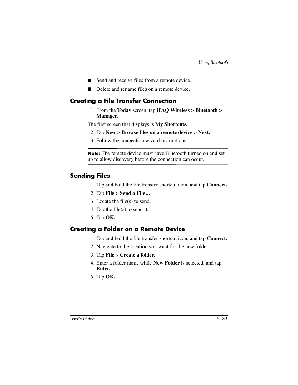 Creating a file transfer connection, Sending files, Creating a folder on a remote device | Creating a file transfer connection –20 | HP iPAQ hx4700 User Manual | Page 134 / 169