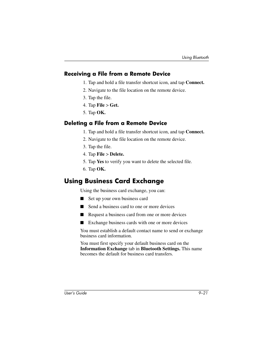 Receiving a file from a remote device, Deleting a file from a remote device, Using business card exchange | Using business card exchange –21 | HP iPAQ hx4700 User Manual | Page 135 / 169