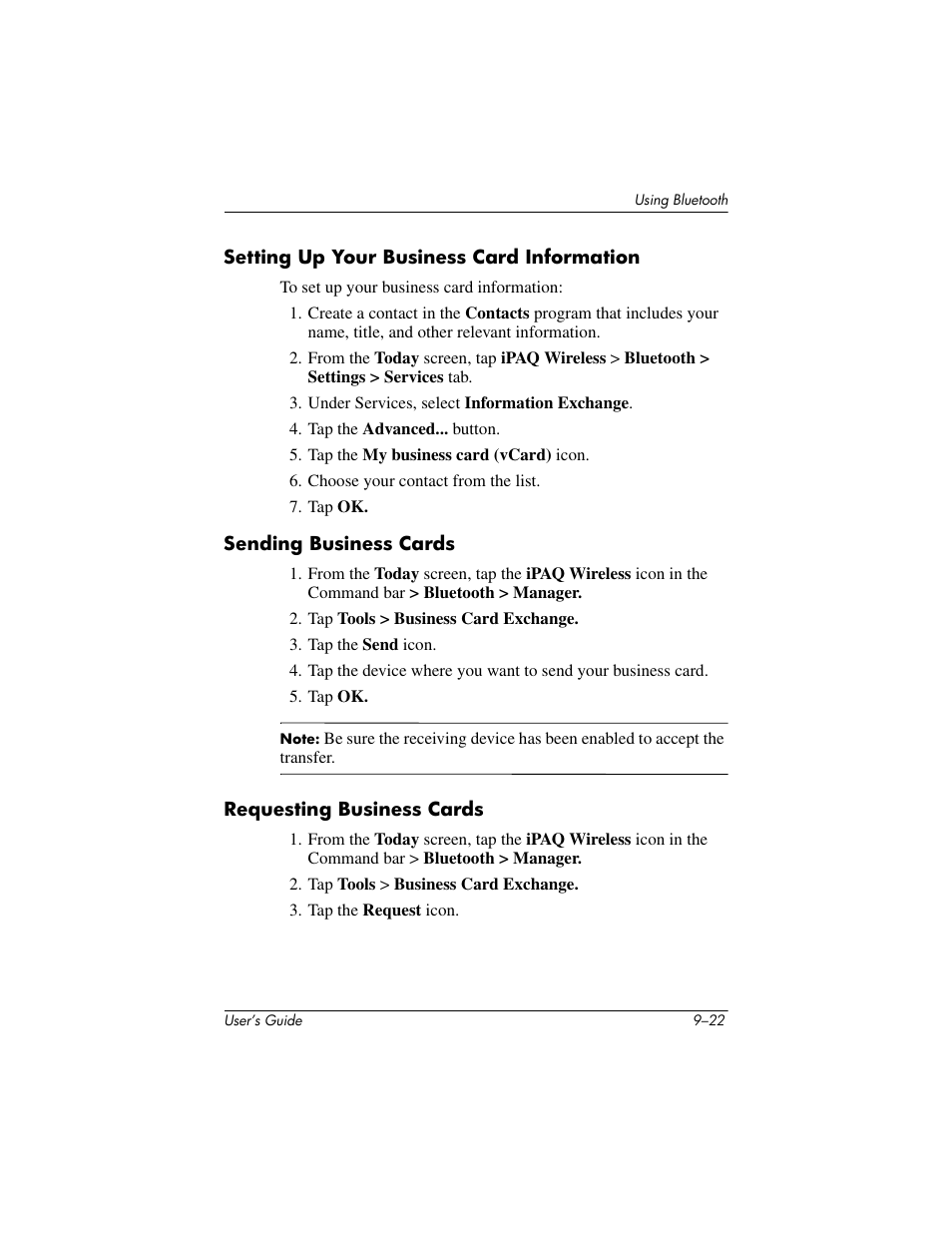 Setting up your business card information, Sending business cards, Requesting business cards | HP iPAQ hx4700 User Manual | Page 136 / 169