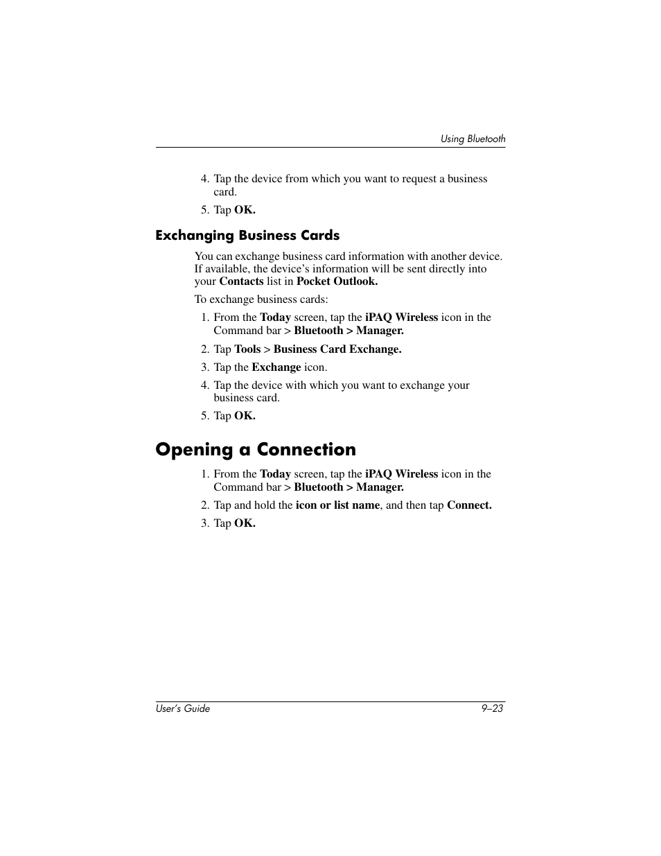 Exchanging business cards, Opening a connection, Opening a connection –23 | HP iPAQ hx4700 User Manual | Page 137 / 169