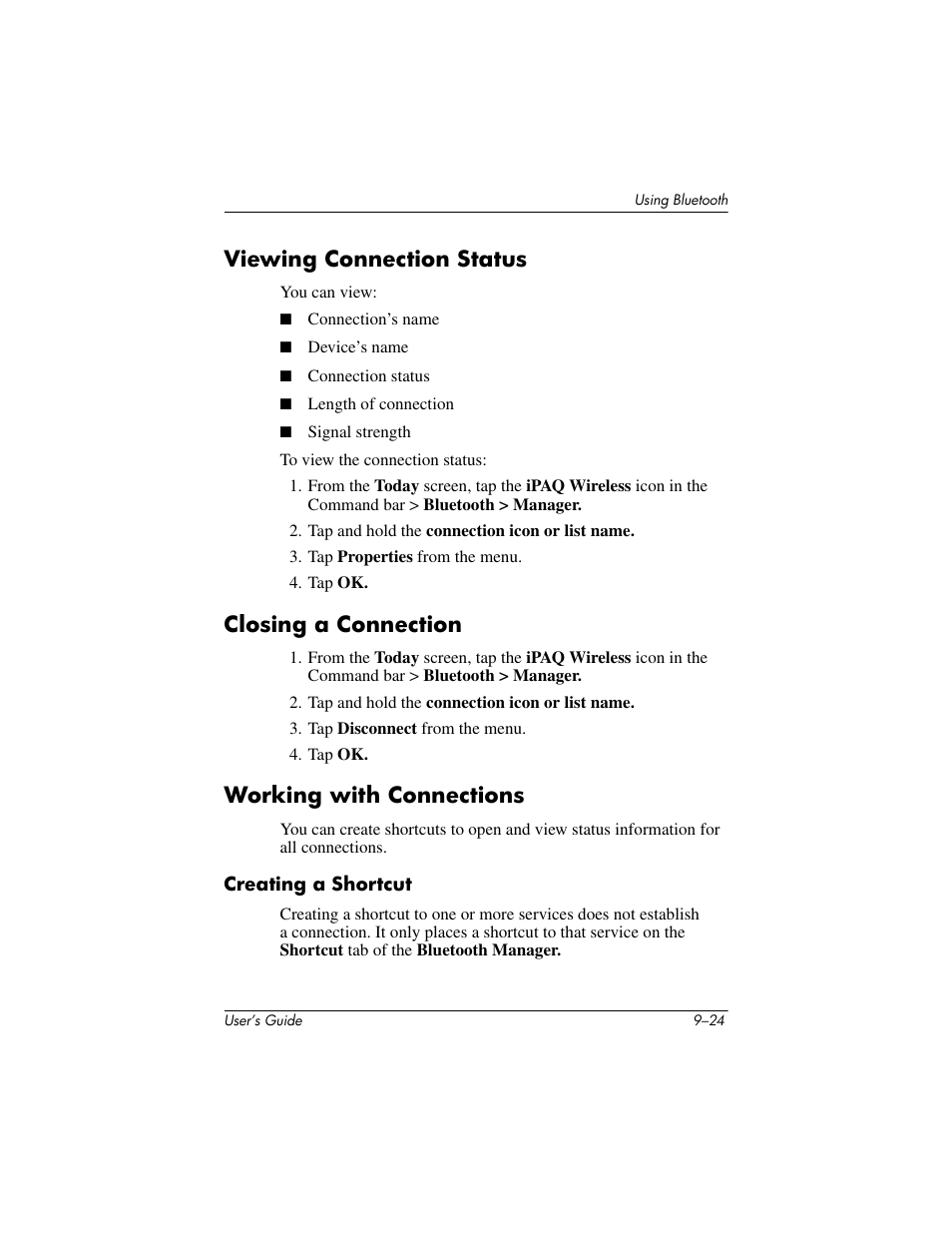 Viewing connection status, Closing a connection, Working with connections | Creating a shortcut | HP iPAQ hx4700 User Manual | Page 138 / 169