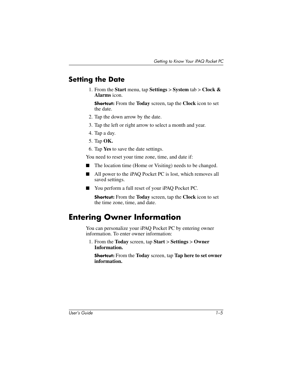 Setting the date, Entering owner information, Setting the date –5 | Entering owner information –5 | HP iPAQ hx4700 User Manual | Page 14 / 169