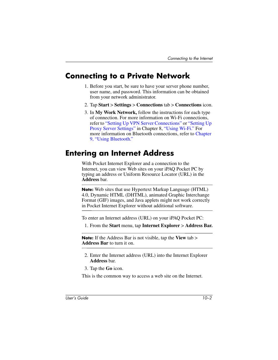 Connecting to a private network, Entering an internet address | HP iPAQ hx4700 User Manual | Page 141 / 169