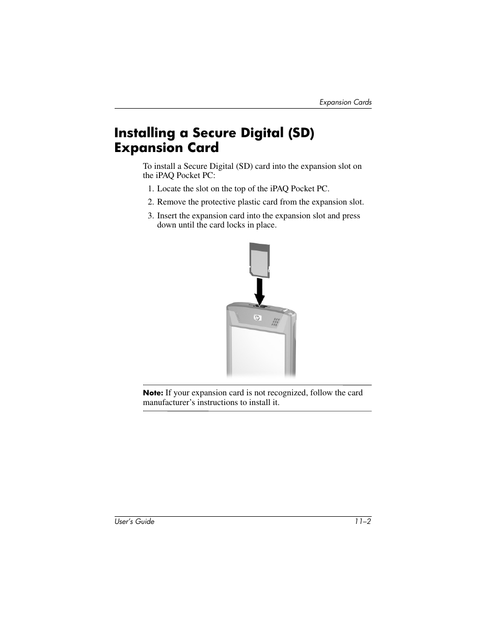 Installing a secure digital (sd) expansion card, Installing a secure digital (sd) expansion card –2 | HP iPAQ hx4700 User Manual | Page 144 / 169
