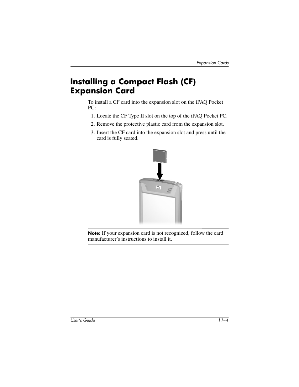 Installing a compact flash (cf) expansion card, Installing a compact flash (cf) expansion card –4 | HP iPAQ hx4700 User Manual | Page 146 / 169