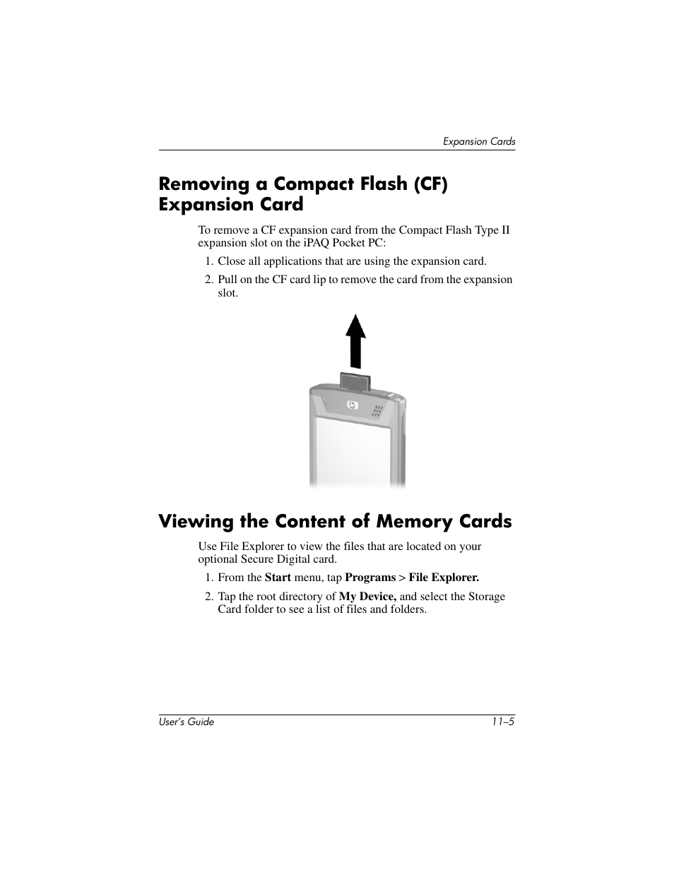 Removing a compact flash (cf) expansion card, Viewing the content of memory cards | HP iPAQ hx4700 User Manual | Page 147 / 169