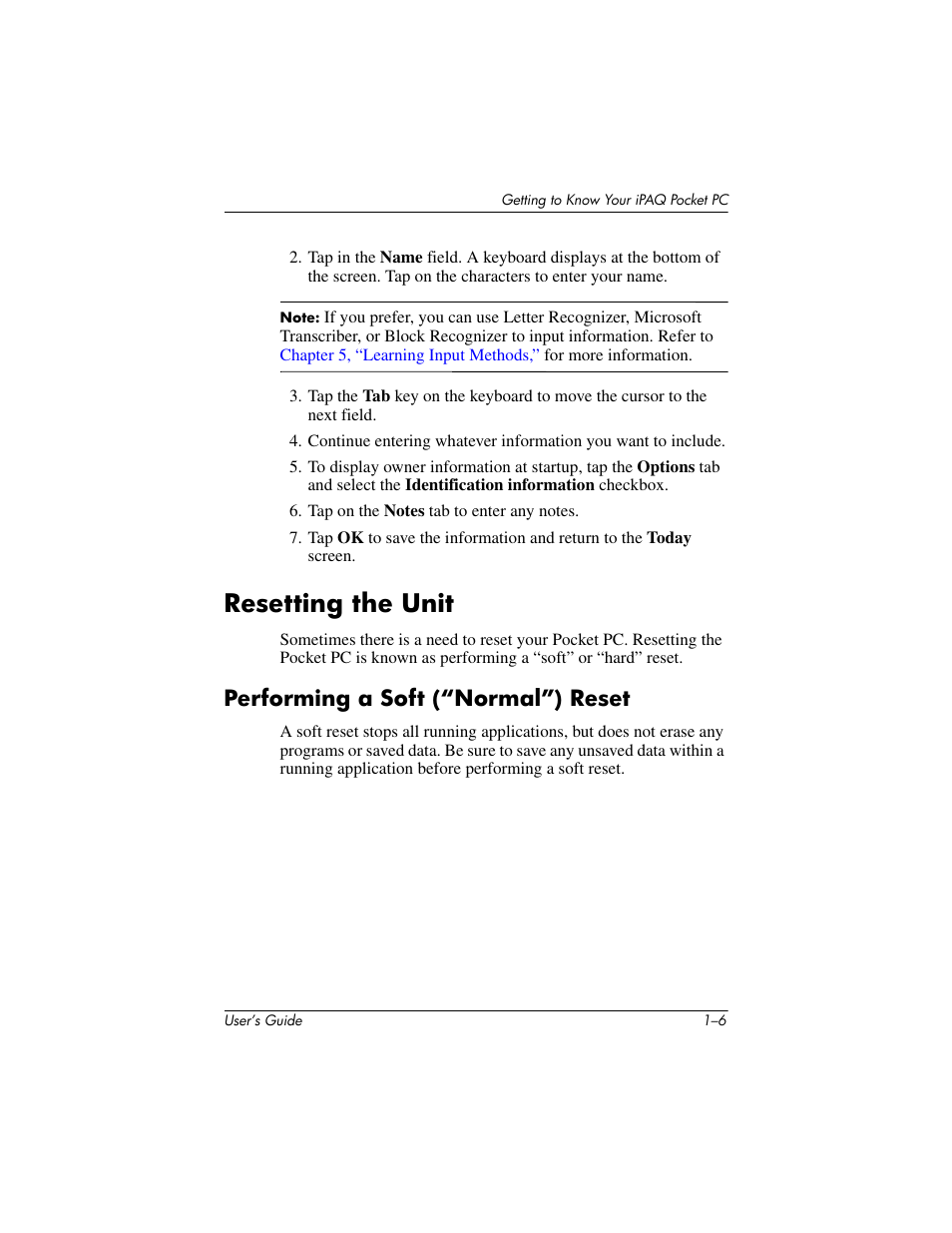 Resetting the unit, Performing a soft (“normal”) reset, Resetting the unit –6 | Performing a soft (“normal”) reset –6 | HP iPAQ hx4700 User Manual | Page 15 / 169