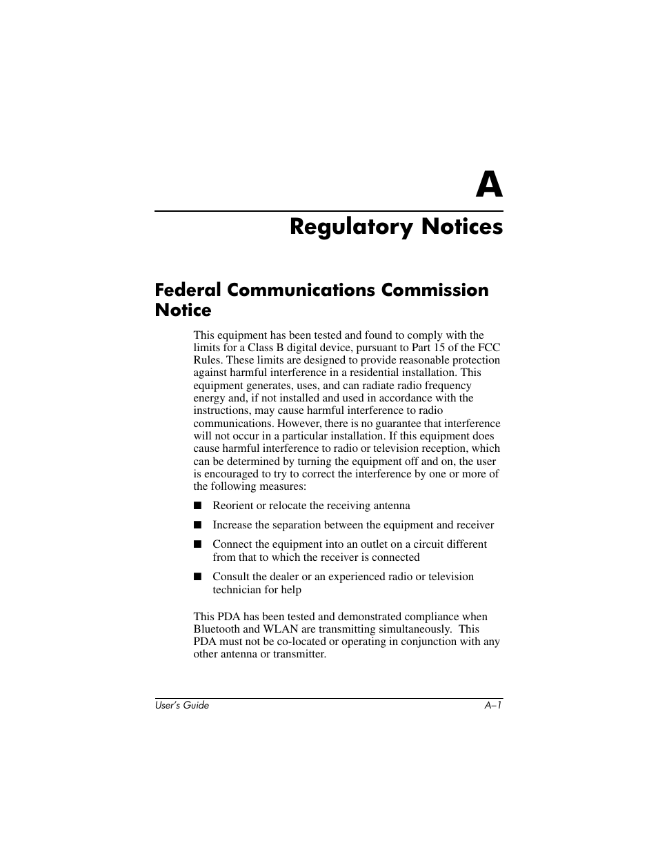 Regulatory notices, Federal communications commission notice, A regulatory notices | HP iPAQ hx4700 User Manual | Page 159 / 169