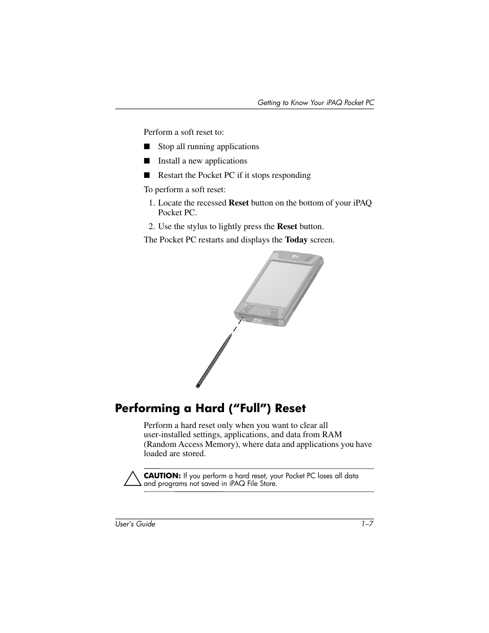 Performing a hard (“full”) reset, Performing a hard (“full”) reset –7 | HP iPAQ hx4700 User Manual | Page 16 / 169