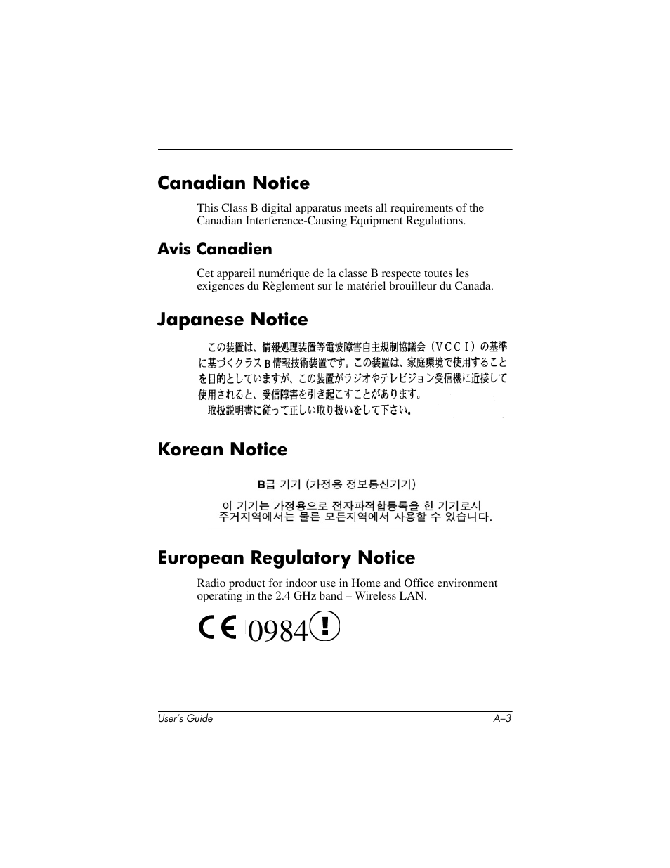 Canadian notice, Avis canadien, Japanese notice | Korean notice, European regulatory notice | HP iPAQ hx4700 User Manual | Page 161 / 169