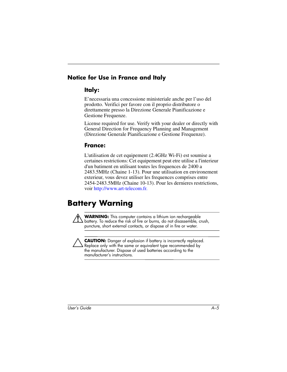 Notice for use in france and italy, Battery warning | HP iPAQ hx4700 User Manual | Page 163 / 169