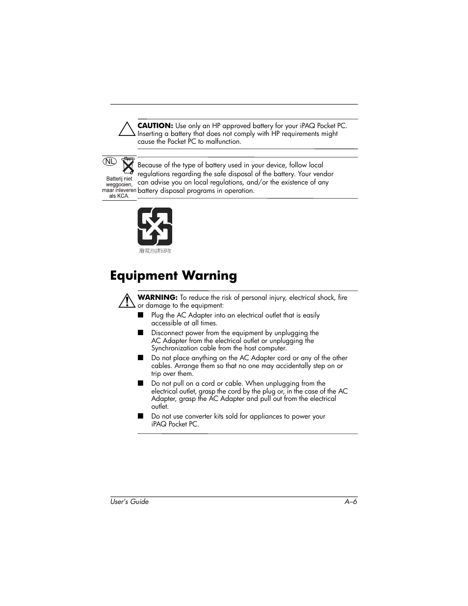 Equipment warning | HP iPAQ hx4700 User Manual | Page 164 / 169