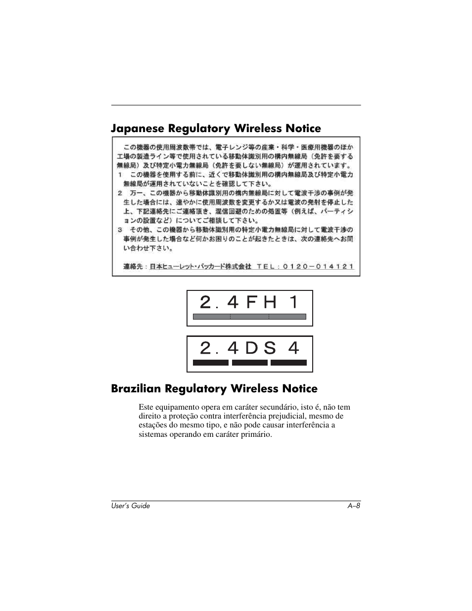 Japanese regulatory wireless notice, Brazilian regulatory wireless notice | HP iPAQ hx4700 User Manual | Page 166 / 169