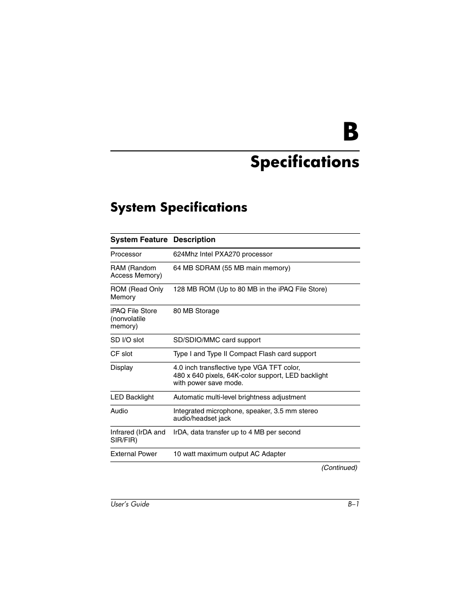 Specifications, System specifications | HP iPAQ hx4700 User Manual | Page 167 / 169