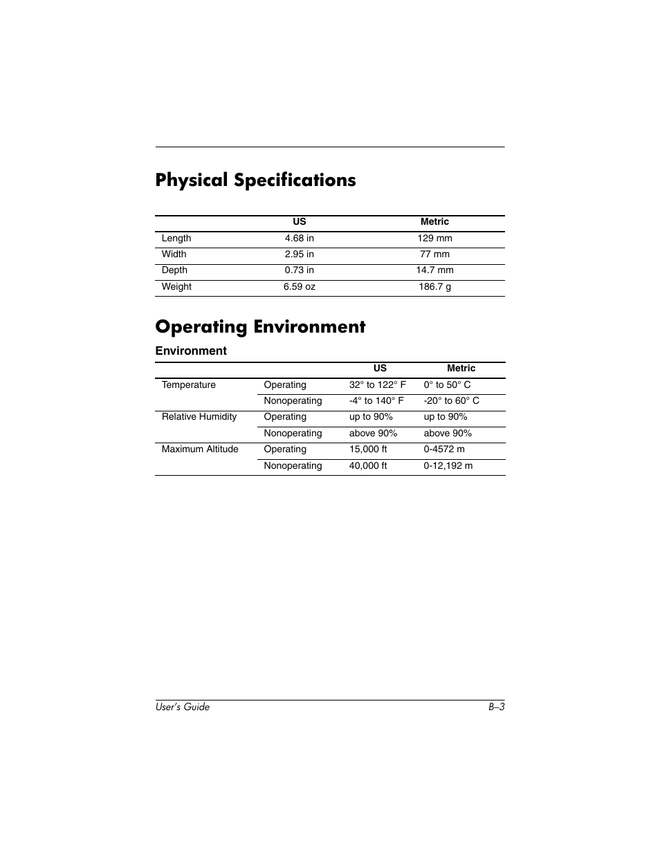 Physical specifications, Operating environment, Physical specifications operating environment | HP iPAQ hx4700 User Manual | Page 169 / 169