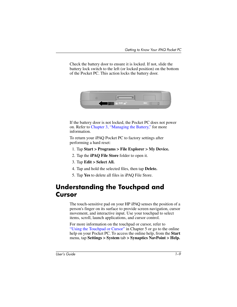 Understanding the touchpad and cursor, Understanding the touchpad and cursor –9 | HP iPAQ hx4700 User Manual | Page 18 / 169