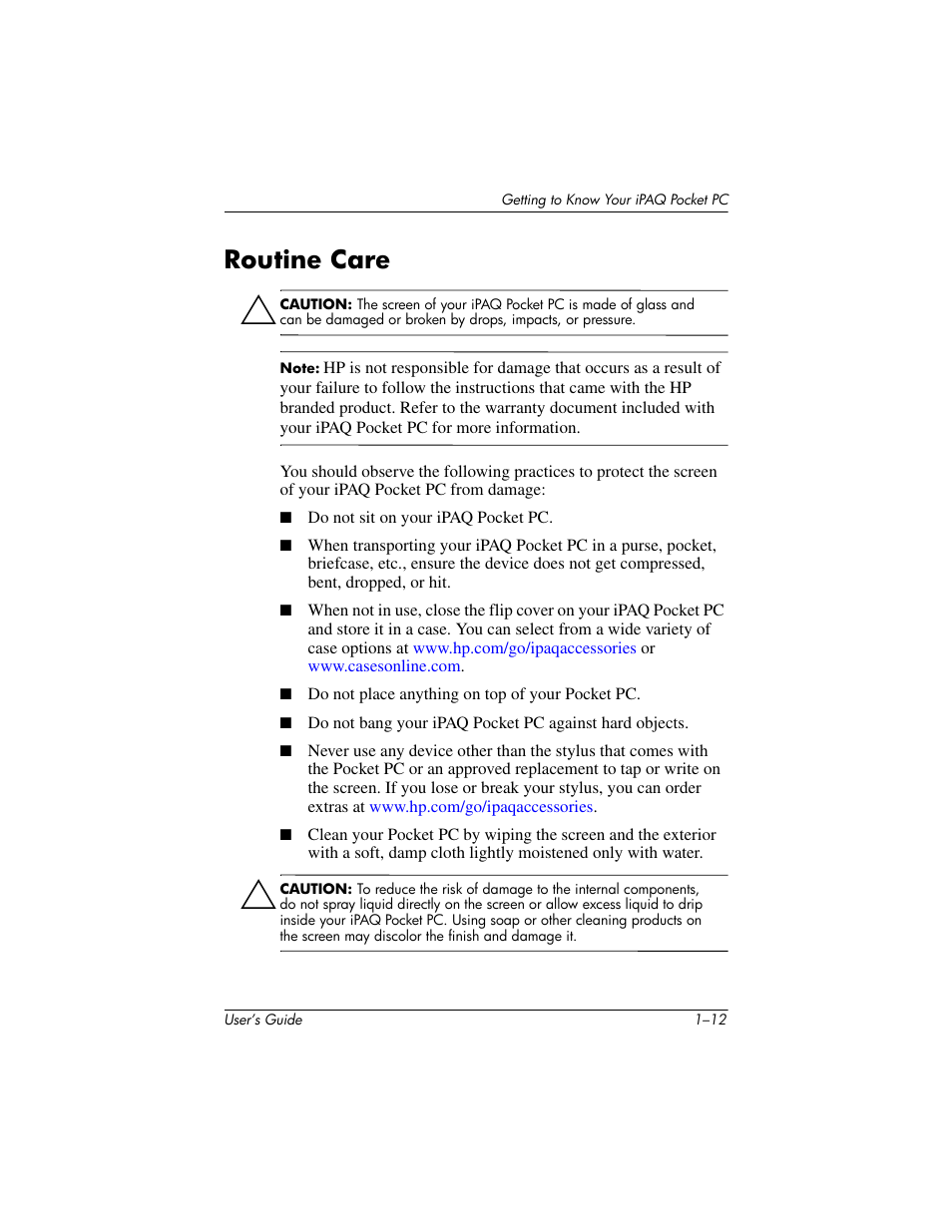 Routine care, Routine care –12 | HP iPAQ hx4700 User Manual | Page 21 / 169