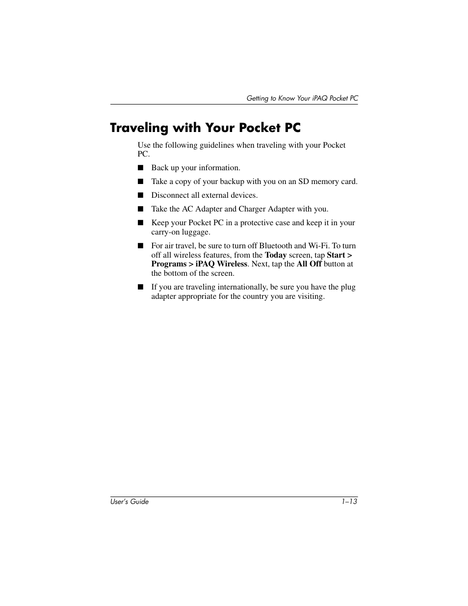Traveling with your pocket pc, Traveling with your pocket pc –13 | HP iPAQ hx4700 User Manual | Page 22 / 169