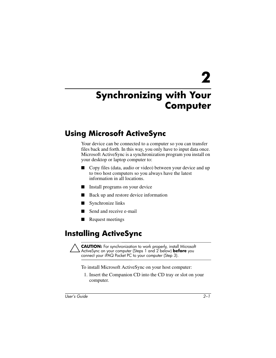 Synchronizing with your computer, Using microsoft activesync, Installing activesync | 2 synchronizing with your computer | HP iPAQ hx4700 User Manual | Page 23 / 169