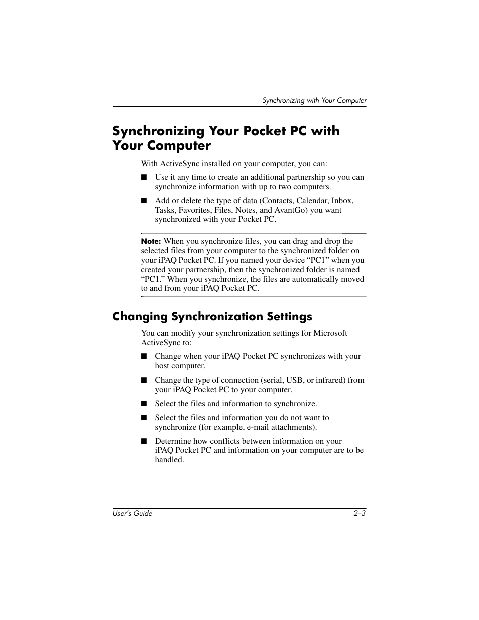 Synchronizing your pocket pc with your computer, Changing synchronization settings, Synchronizing your pocket pc with your computer –3 | Changing synchronization settings –3 | HP iPAQ hx4700 User Manual | Page 25 / 169