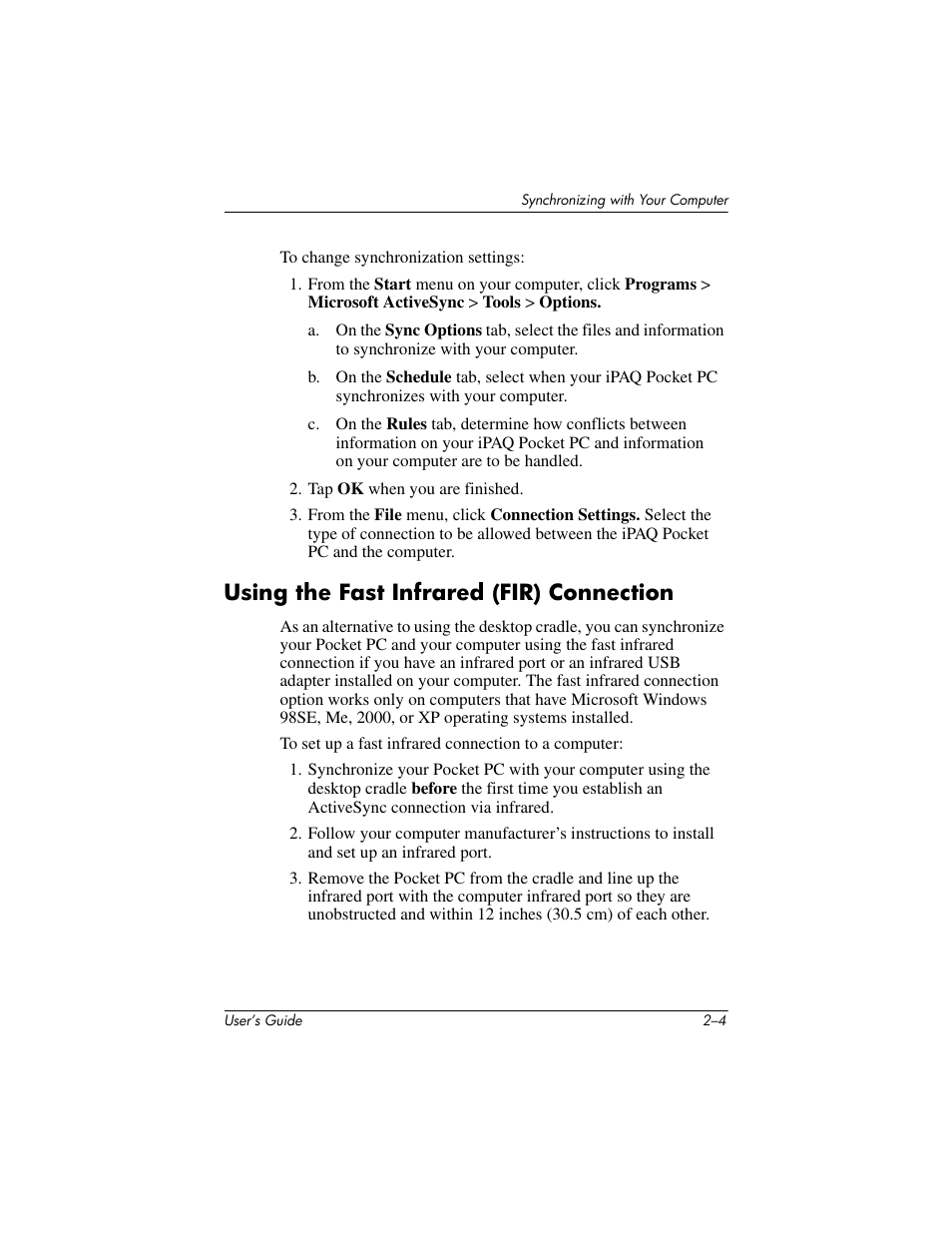 Using the fast infrared (fir) connection, Using the fast infrared (fir) connection –4 | HP iPAQ hx4700 User Manual | Page 26 / 169