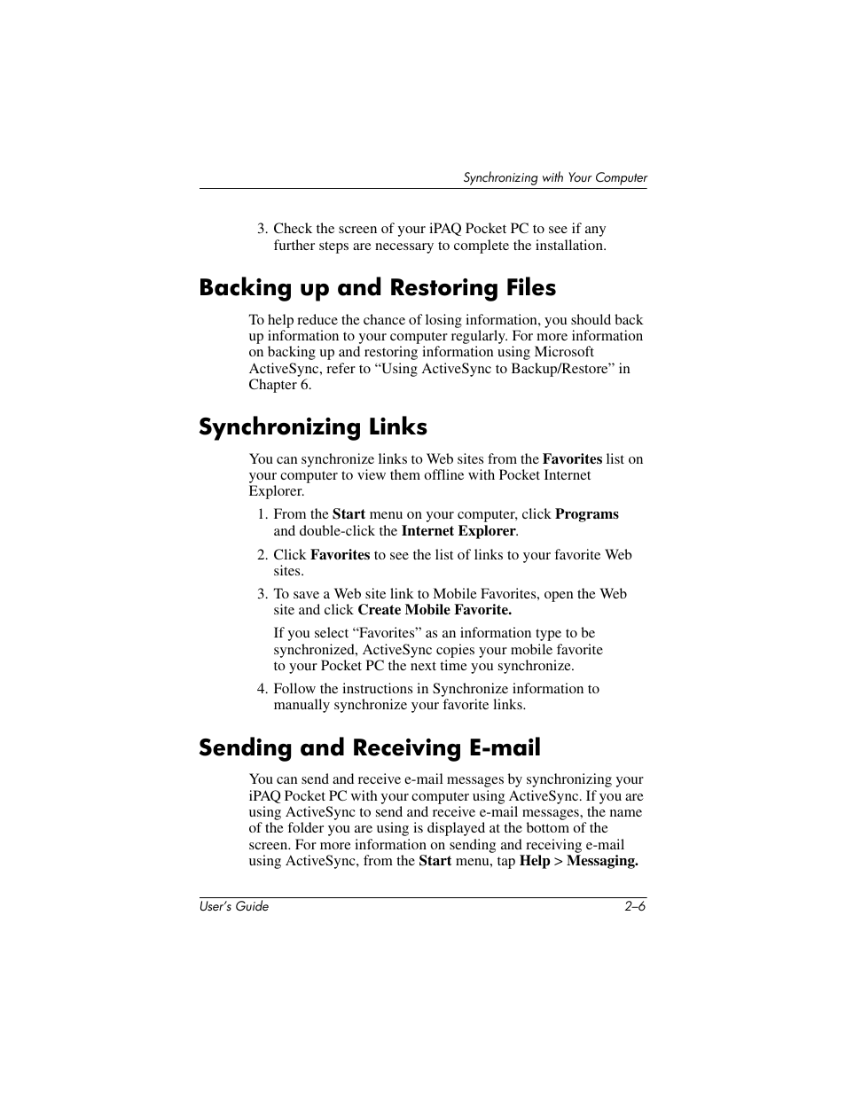 Backing up and restoring files, Synchronizing links, Sending and receiving e-mail | HP iPAQ hx4700 User Manual | Page 28 / 169