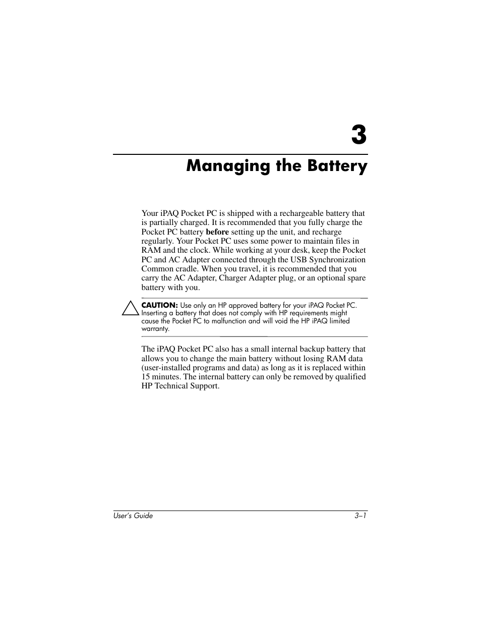 Managing the battery, 3 managing the battery | HP iPAQ hx4700 User Manual | Page 30 / 169