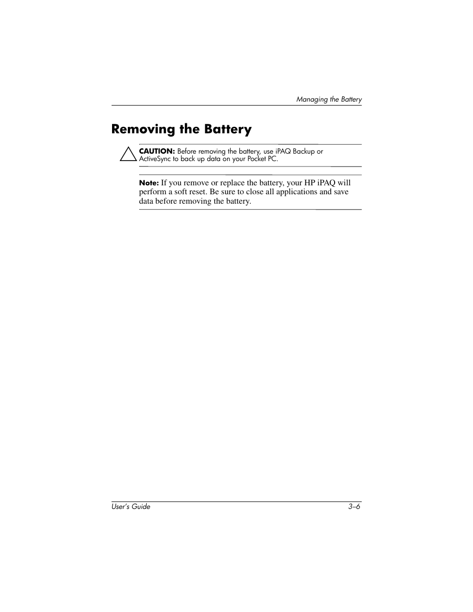 Removing the battery, Removing the battery –6 | HP iPAQ hx4700 User Manual | Page 35 / 169