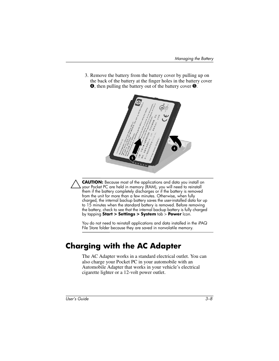 Charging with the ac adapter, Charging with the ac adapter –8 | HP iPAQ hx4700 User Manual | Page 37 / 169