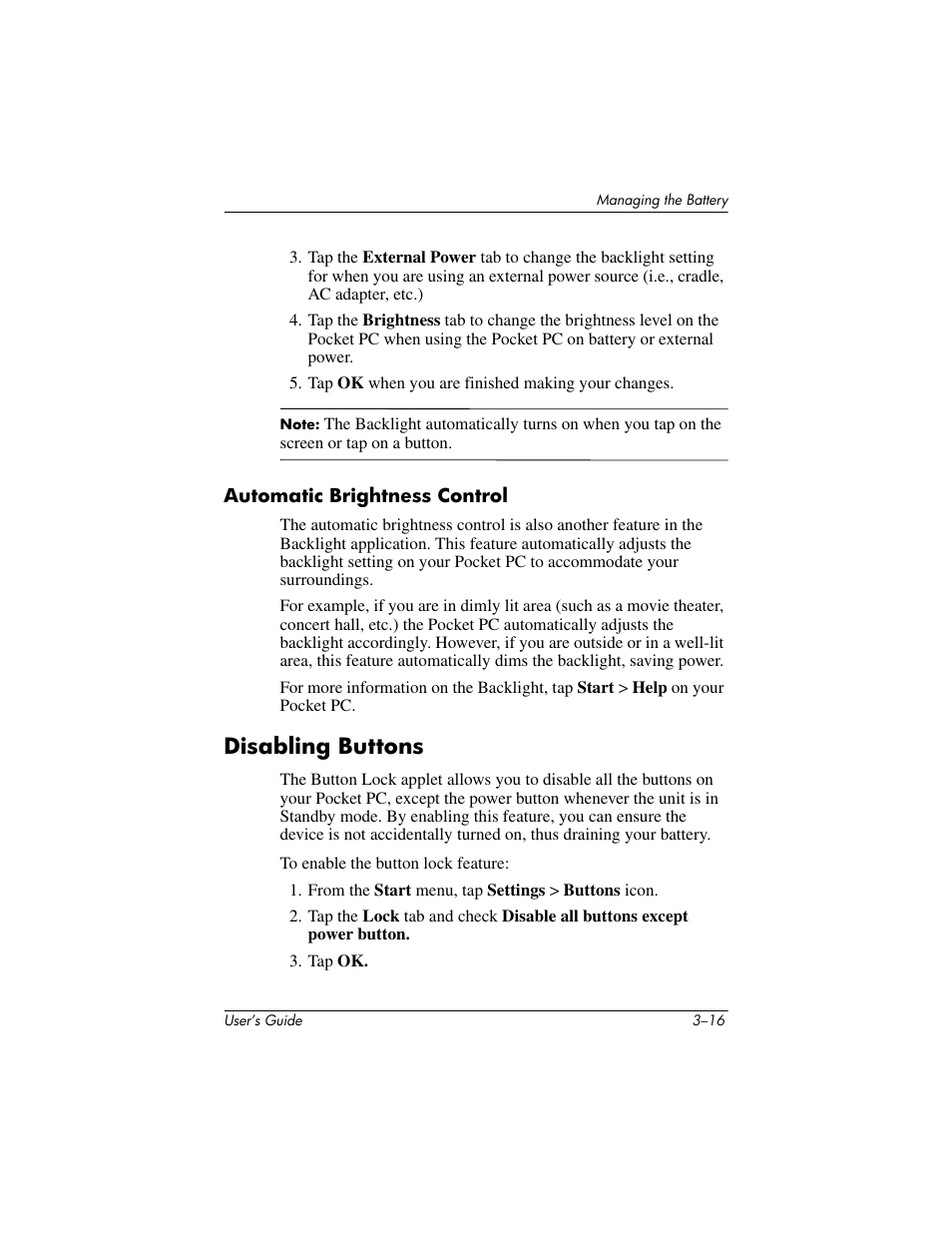 Automatic brightness control, Disabling buttons, Disabling buttons –16 | HP iPAQ hx4700 User Manual | Page 45 / 169