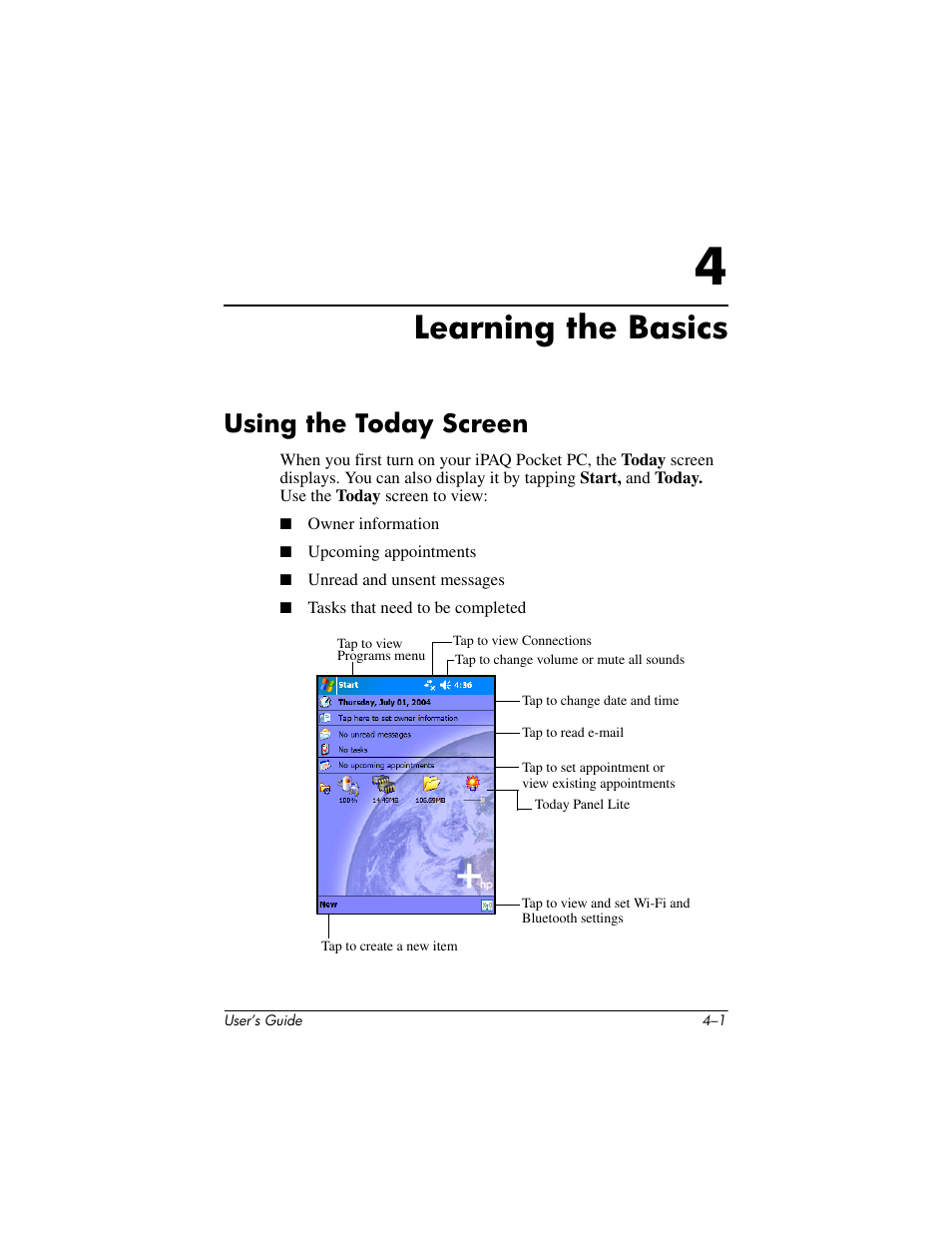 Learning the basics, Using the today screen, 4 learning the basics | Using the today screen –1 | HP iPAQ hx4700 User Manual | Page 46 / 169