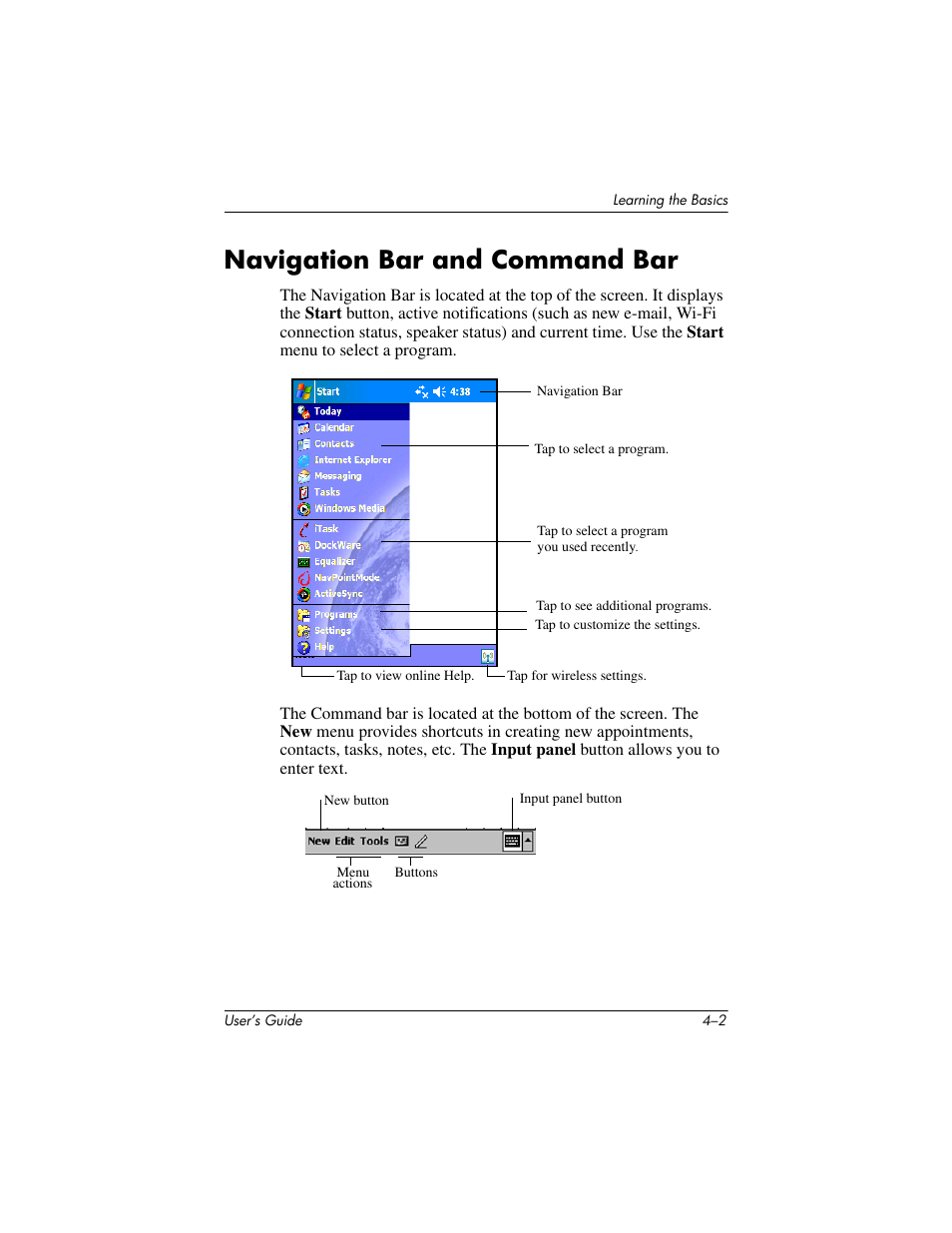 Navigation bar and command bar, Navigation bar and command bar –2 | HP iPAQ hx4700 User Manual | Page 47 / 169