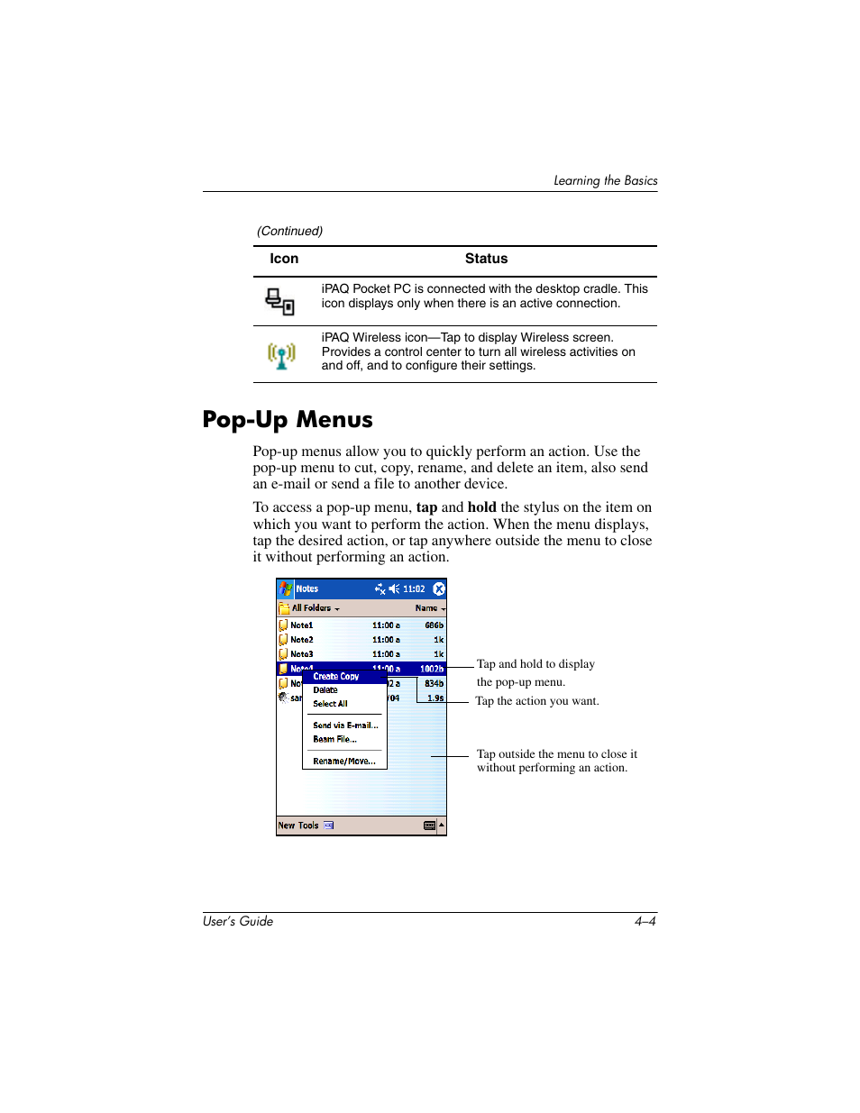 Pop-up menus, Pop-up menus –4 | HP iPAQ hx4700 User Manual | Page 49 / 169